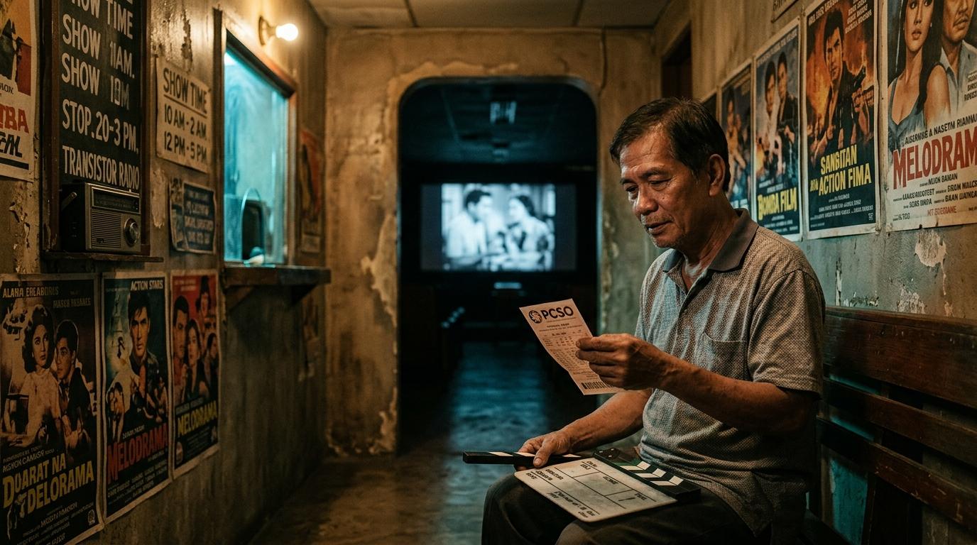 Cinematic collage of lottery ticket, clapperboard, and cinema screen to illustrate luck and narrative in film.