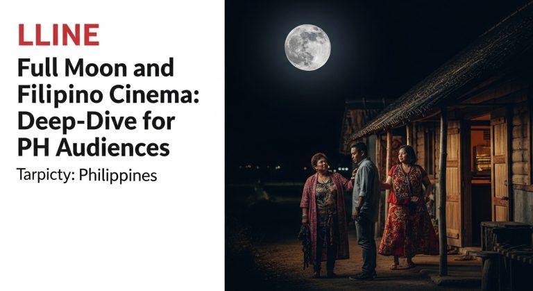 Cinema lobby with a glowing full moon visible outside a window and Filipino film posters.