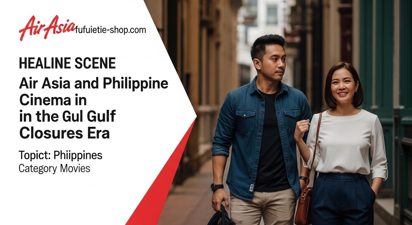 Editorial illustration of Air Asia routes impacting Philippine cinema amid Gulf closures