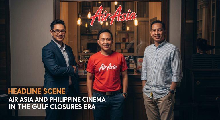 Editorial illustration of Air Asia routes impacting Philippine cinema amid Gulf closures