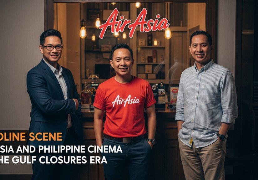 Editorial illustration of Air Asia routes impacting Philippine cinema amid Gulf closures