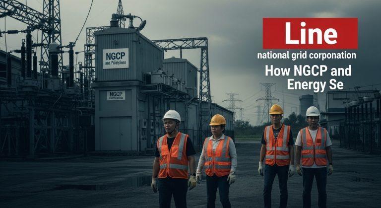 Power transmission towers overlooking a Philippine city with a cinema marquee at dusk.